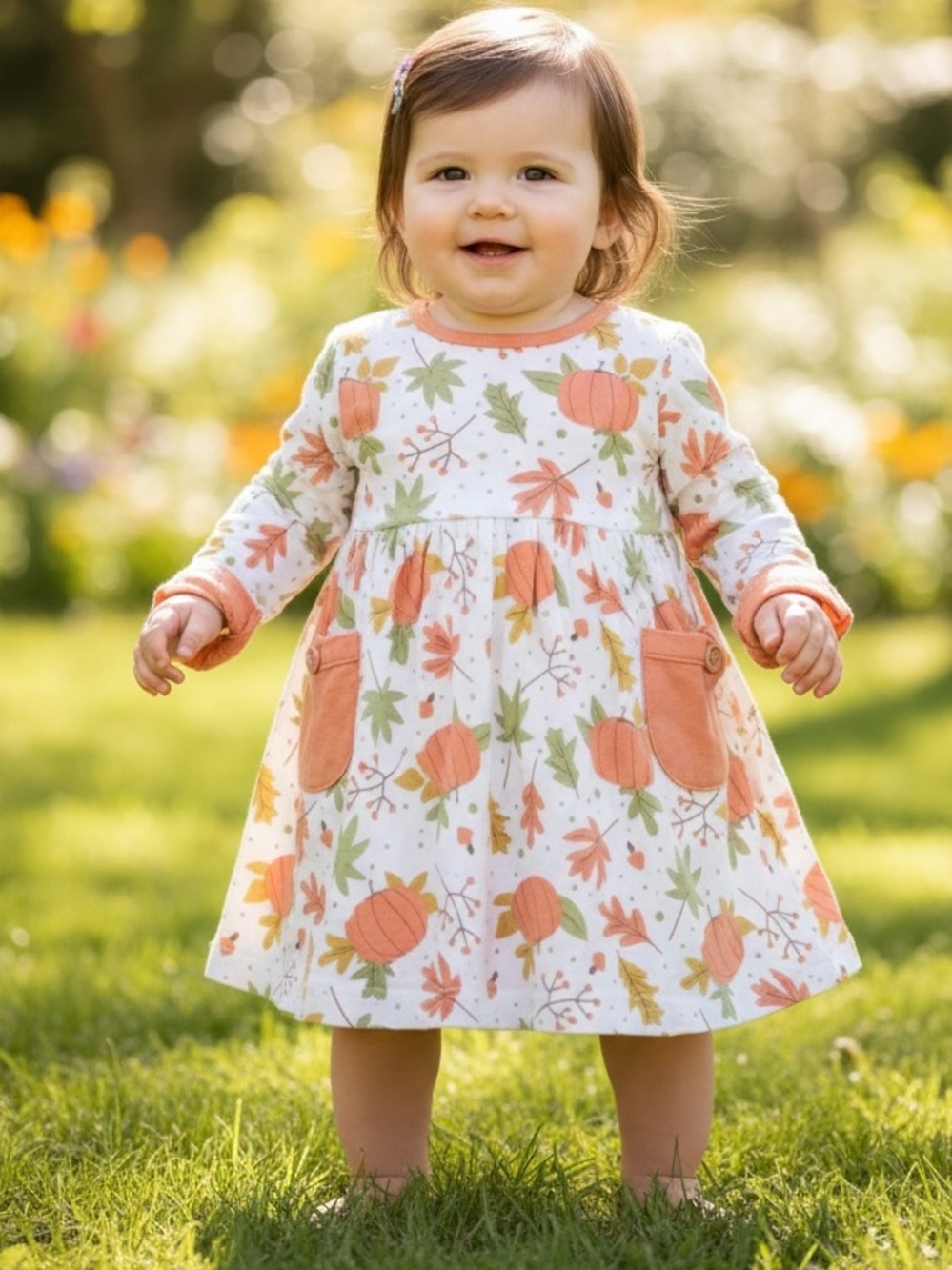Tesa babe Girls' Peach Pumpkin & Leaf Print Long-Sleeve Dress 6-9m